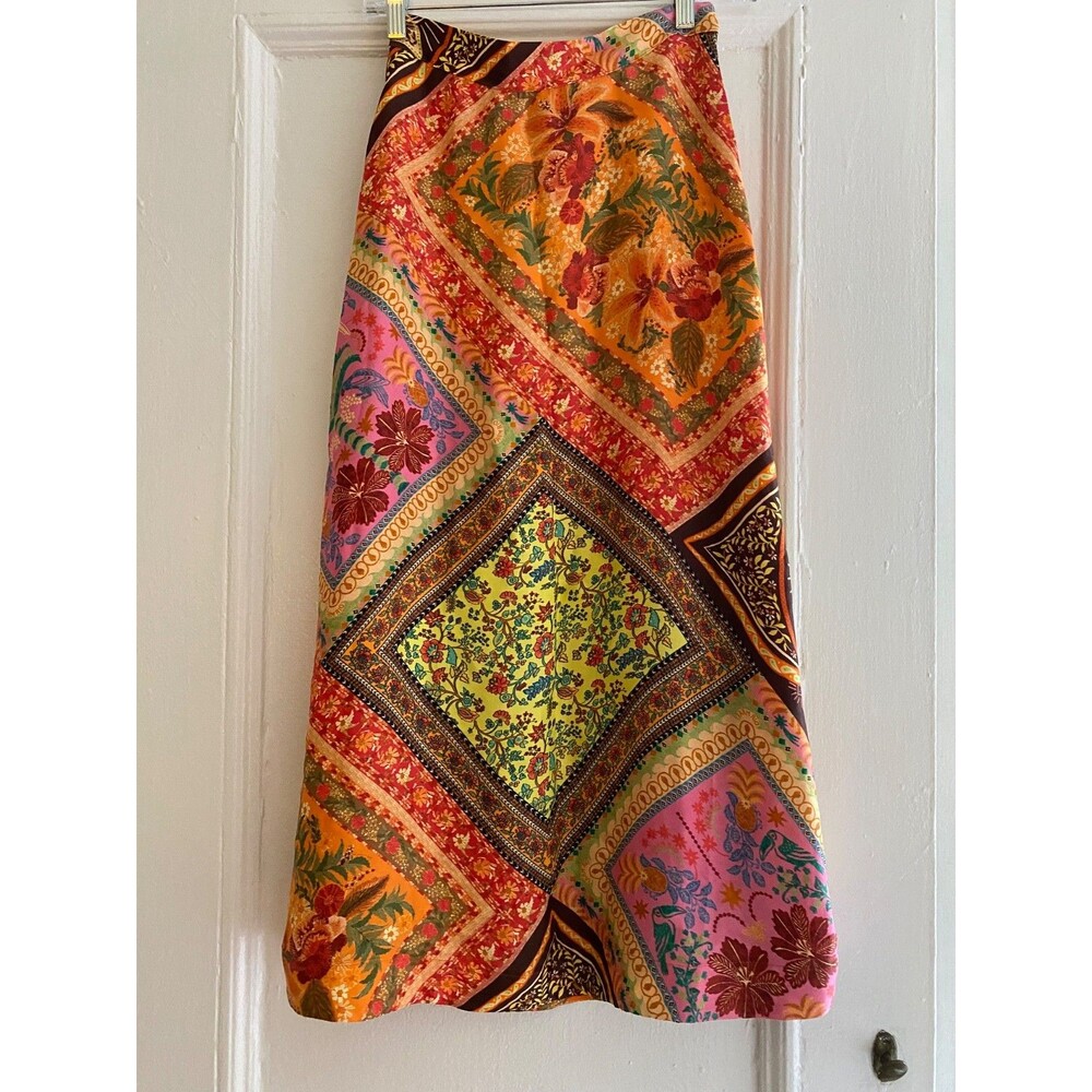 FARM RIO Mixed Scarves Satin Midi Slip Skirt 318032 Bandana Boho Print XXS NEW